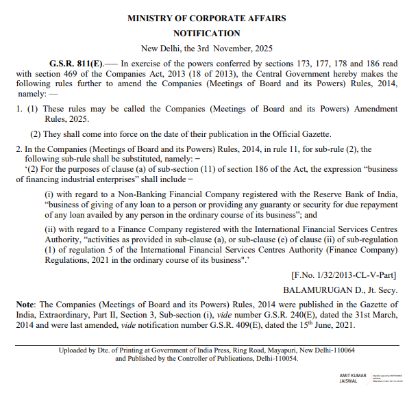 Companies (Meetings of Board and Its Powers) Amendment Rules 2025 | MCA G.S.R. 811(E) 2025 | MycsOnline